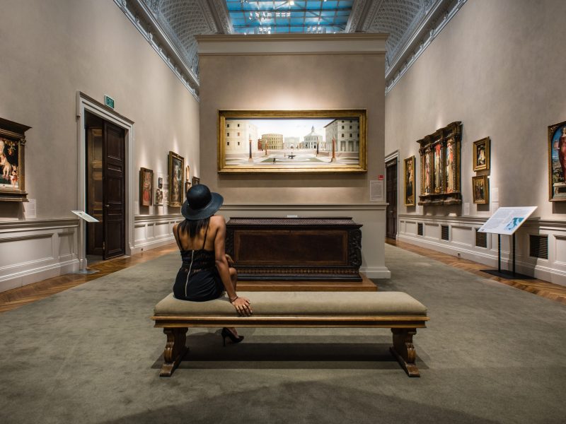 The bench in front of Fra Carnevale's "The Ideal City," at the Walters Art Museum.