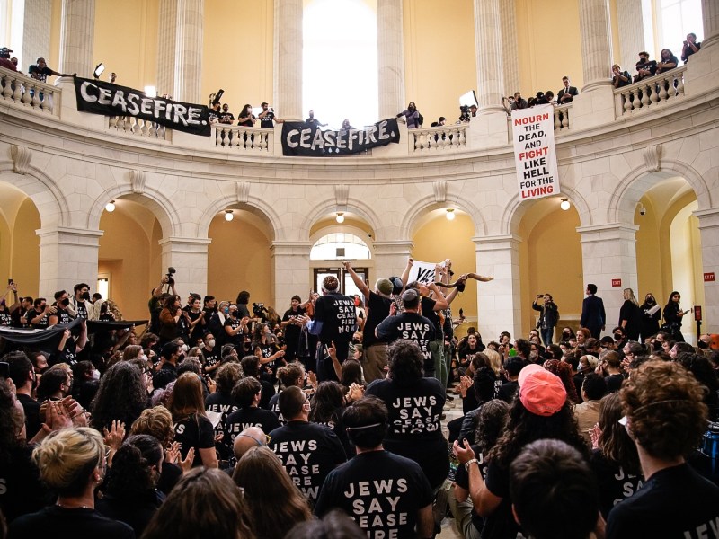Oct. 18 sit-in inside the Cannon House Office Building in Washington, DC. Activists with Jewish Voice for Peace and other organizations rallied to demand an immediate ceasefire in the besieged and blockaded Gaza Strip. Organizers say 500 activists were arrested during the sit-in.